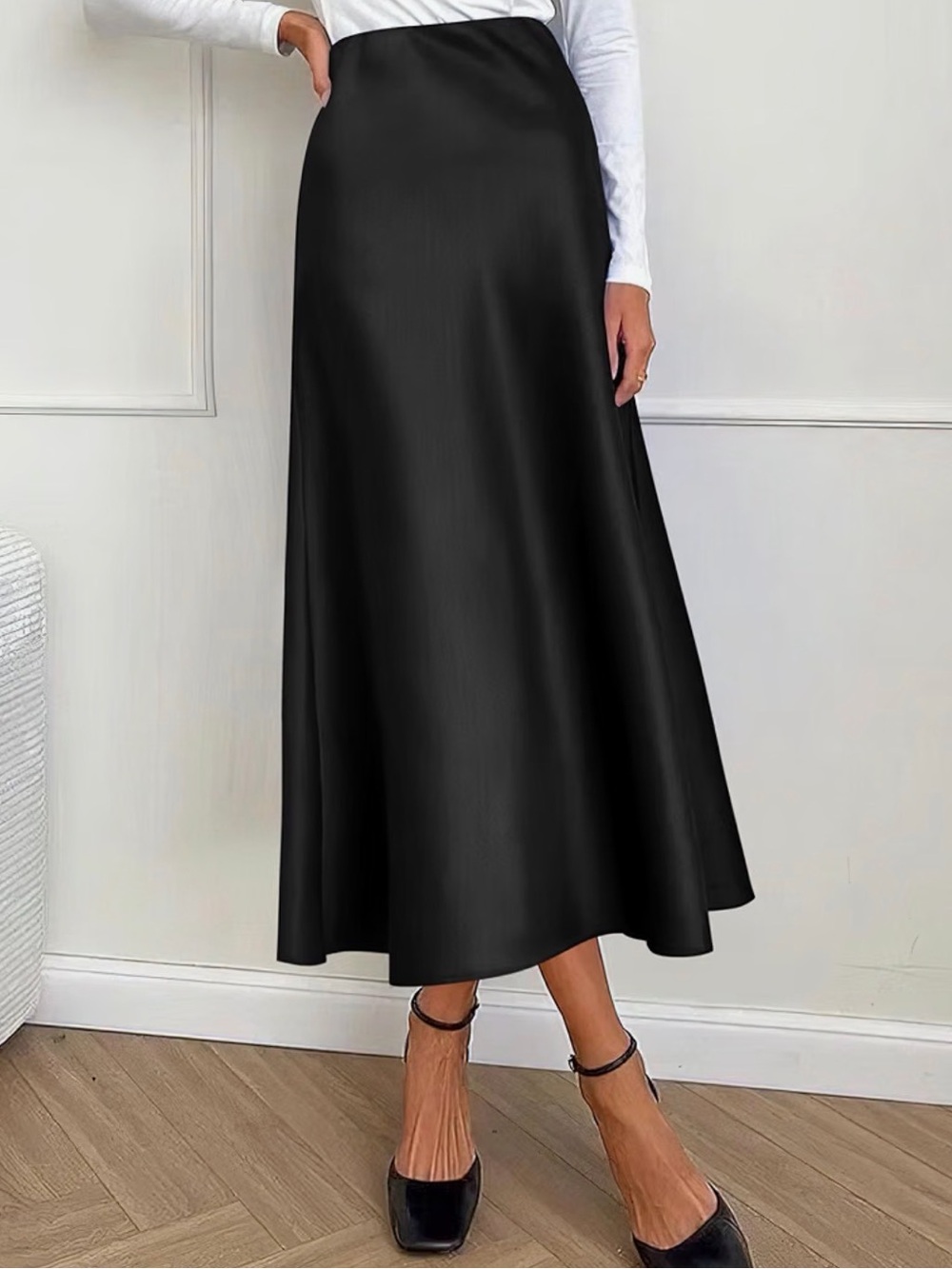 Sleek Black Midi Satin Skirt - Women